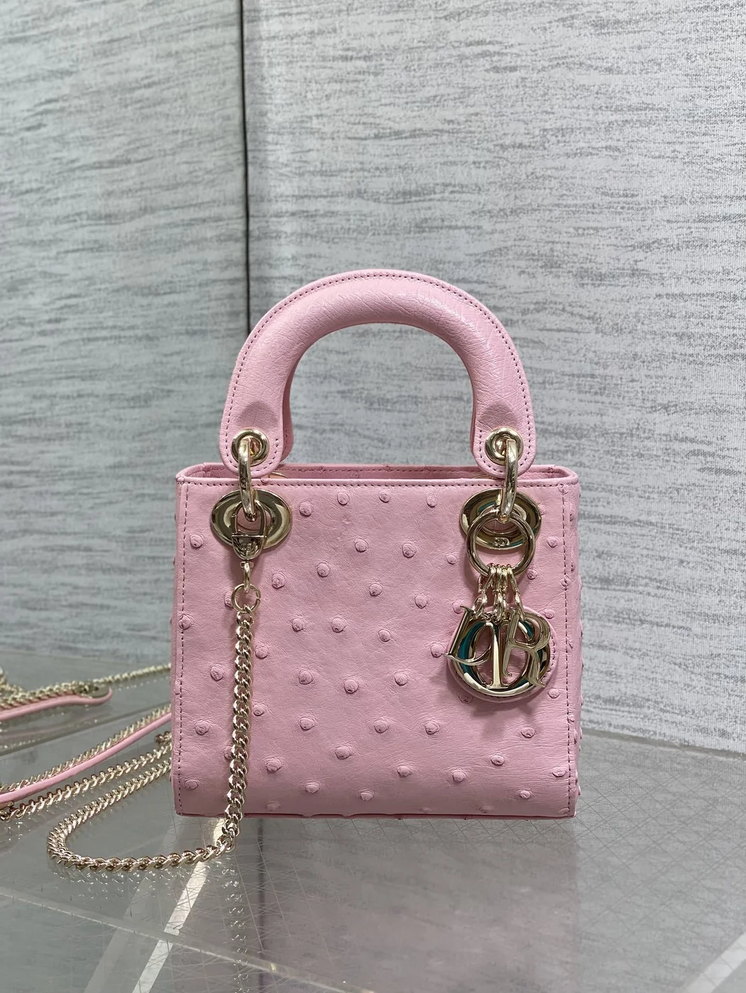 Dior Mini Lady Dior bag in Pink ostrich leather product view 2