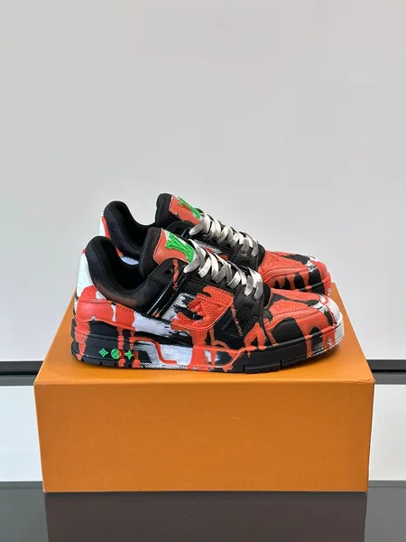 Louis Vuitton Men Black Red Painted Leather Sneakers product photo