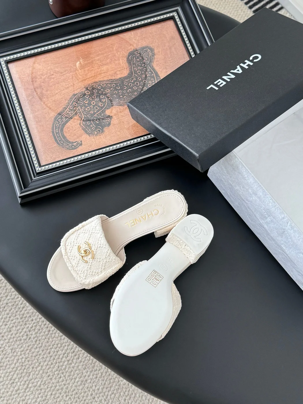 Chanel Women Cream Slides — Gold-Tone CC Detail product view 5