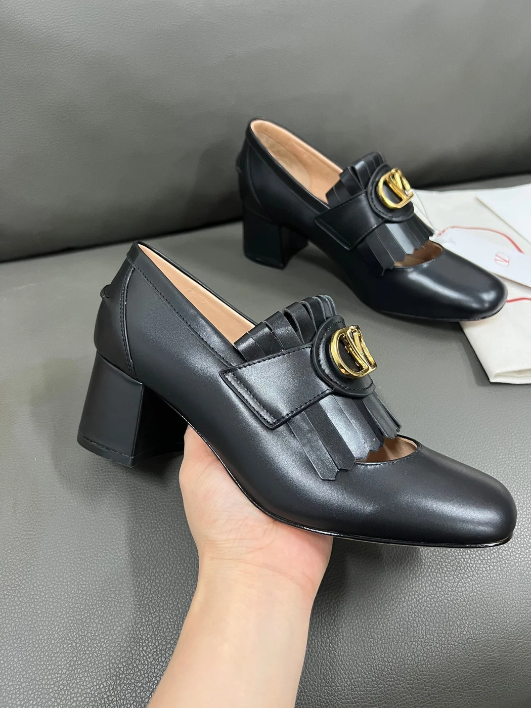 Valentino Women Black Leather Fringe Loafers product view 5