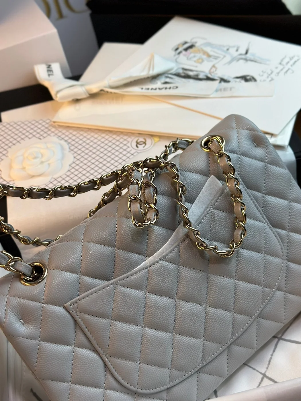 Chanel Flap Bag 25 cm Gold Hardware Grey Caviar product view 6