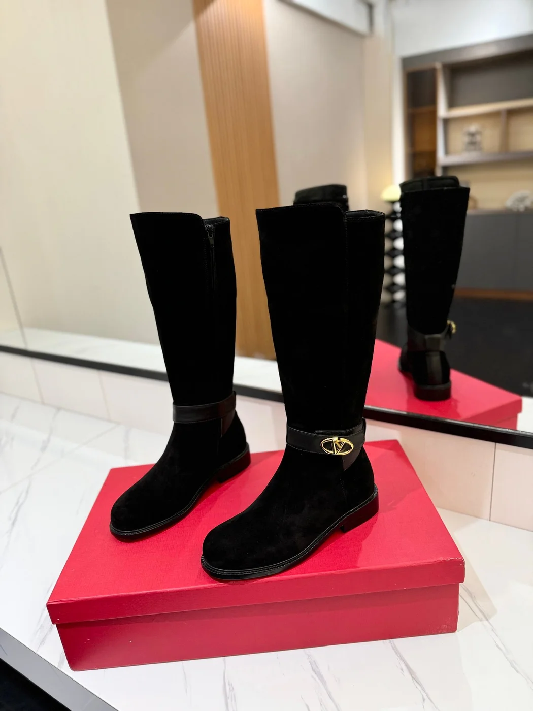 Valentino Women Black Suede Strap Boots — Knee Height product view 3