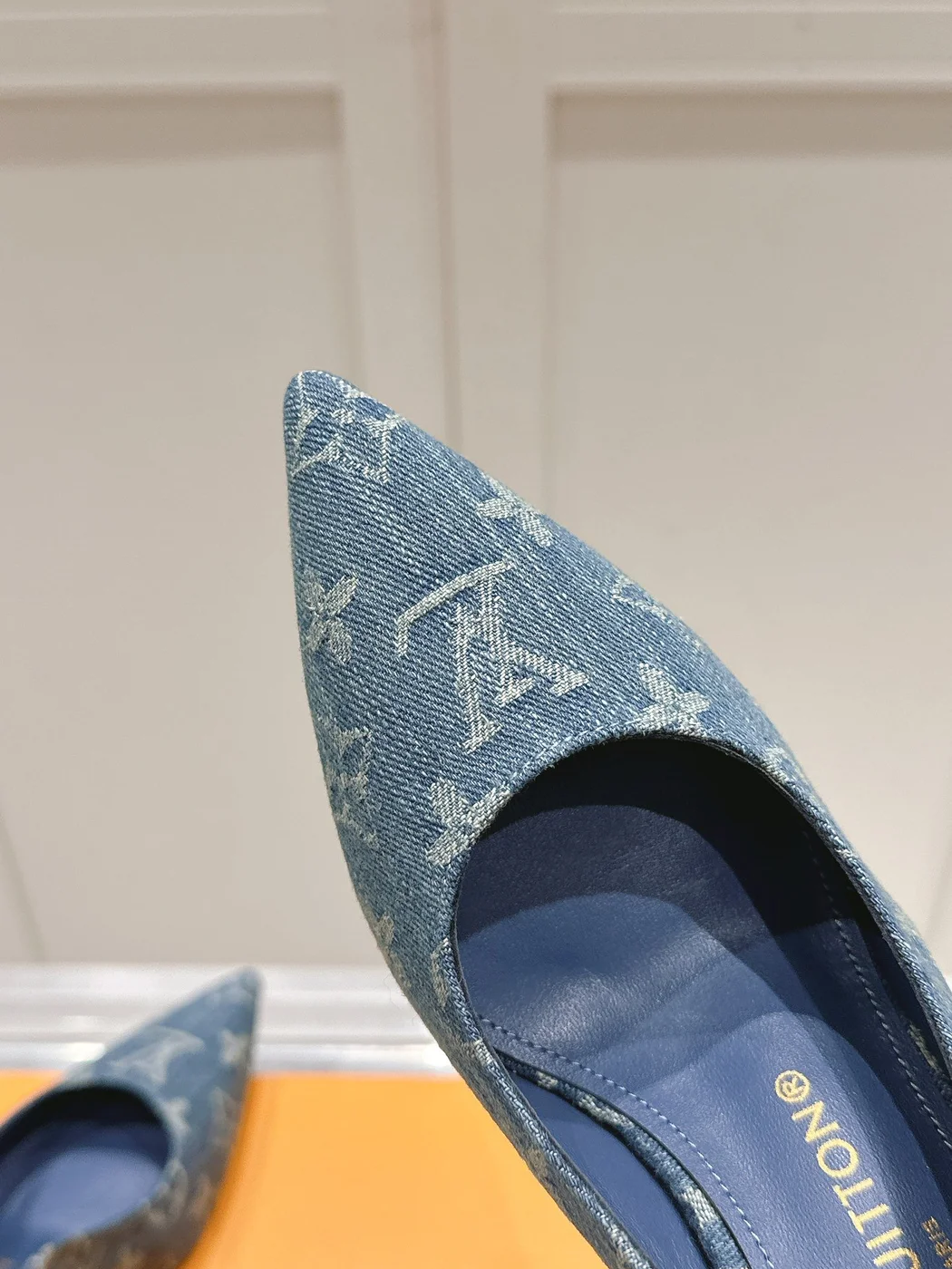 Louis Vuitton Women Blue Denim Leather Trim Slingback Heels product view 2