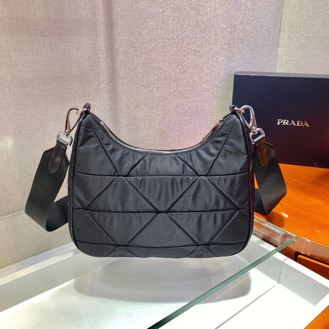 Prada Hobo Bag 24 In Black Triangular Quilted Pattern Re-Nylon product view 3