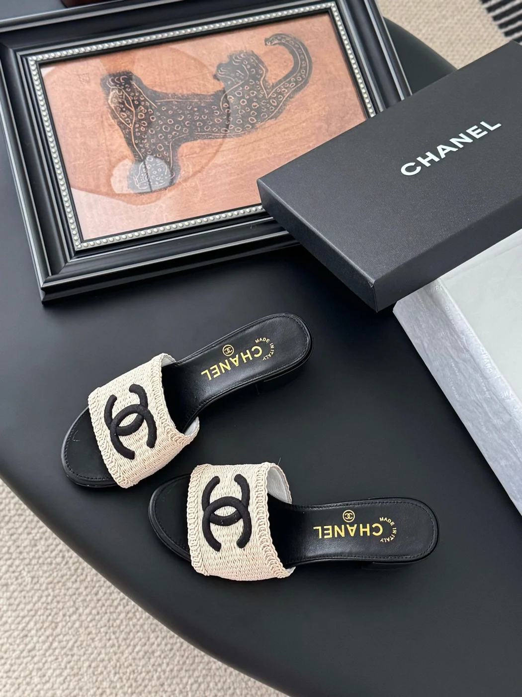 Chanel Women Beige Woven Fabric Black Leather Slides product view 6