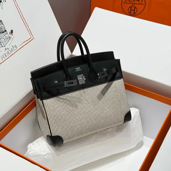 Hermès Birkin 25 cm In Black Swift White Black Plaid Toile Canvas (Custom-Made) Bag product photo