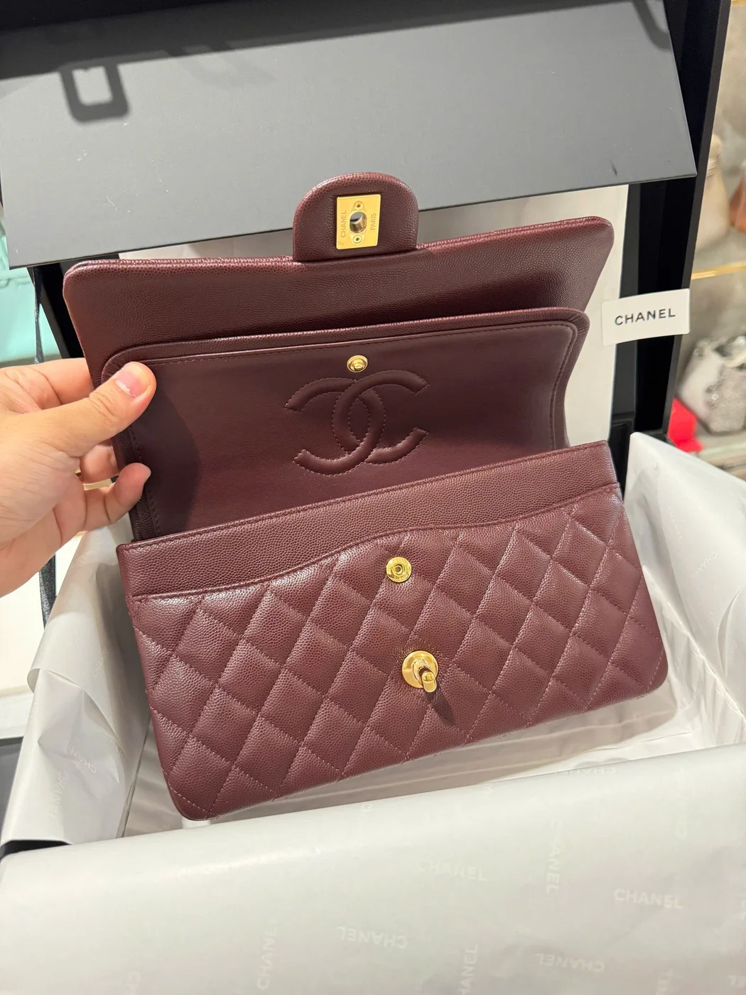 Chanel Classic Plum Red Color Handbags With Lock Gold 25 cm product view 4