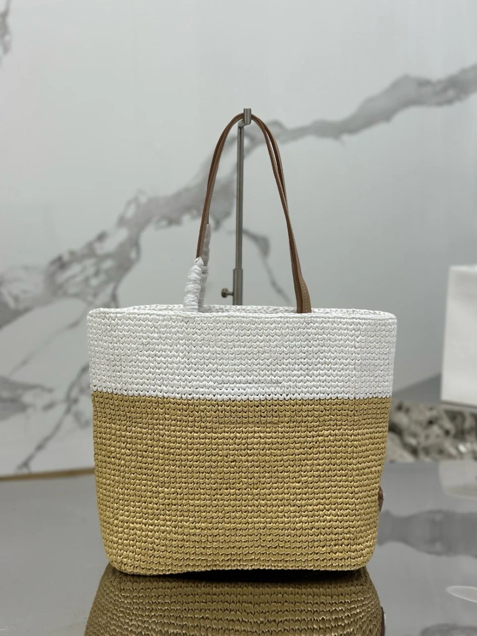 Prada Crochet Small Tote Bag in Beige/White Raffia-effect Yarn product view 4