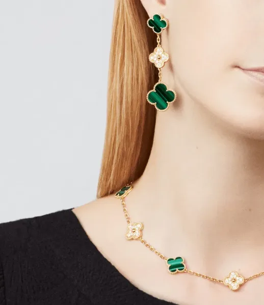 Van Cleef & Arpels Alhambra Green and Pave-Effect Three-Motif Gold-Tone Drop Earrings product view 2