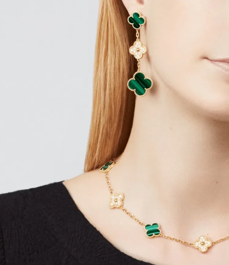 Van Cleef & Arpels Alhambra Green and Pave-Effect Three-Motif Gold-Tone Drop Earrings product view 2