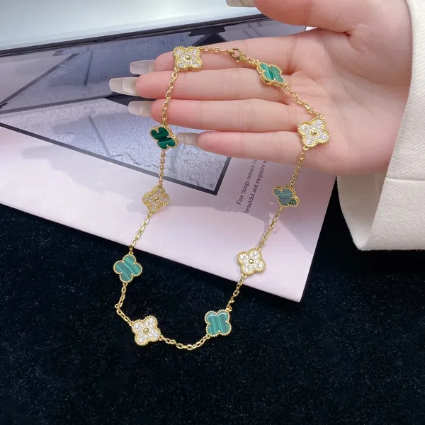 Van Cleef & Arpels Alhambra Green and Pave-Effect Ten-Motif Gold-Tone Necklace product view 8