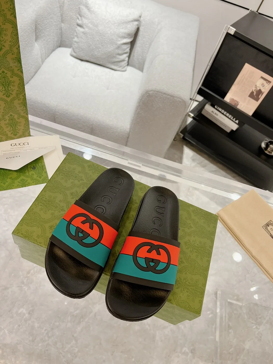 Gucci Slide Sandals Black Green Red product view 2