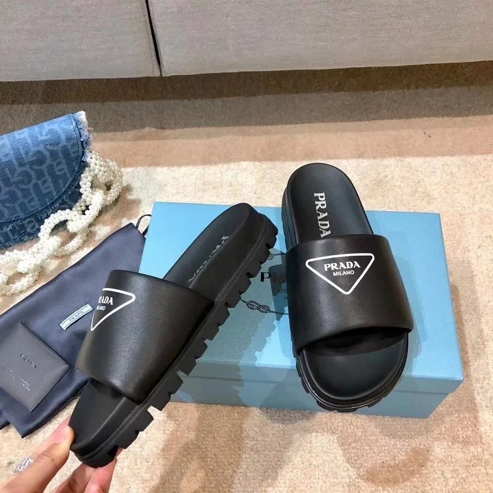 Prada Black Leather Slides with Printed Triangle Logo product view 5