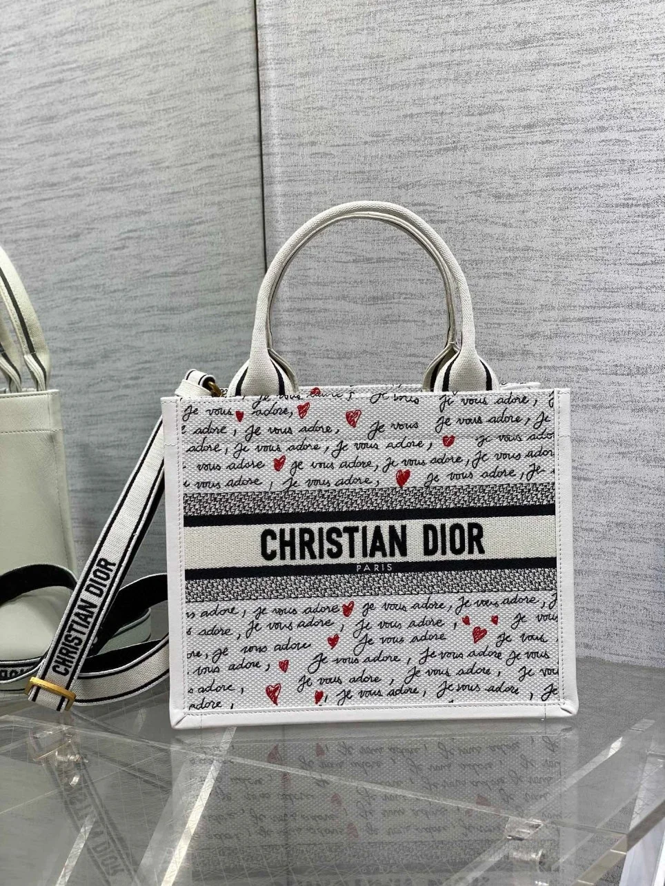 Dior Dioramour Small Book Tote Bag with Strap in Je Vous Adore Embroidery and White Calfskin product view 2
