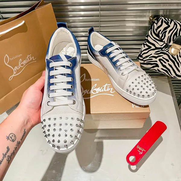 Christian Louboutin Louis Junior Spikes Sneakers White and Blue product view 7