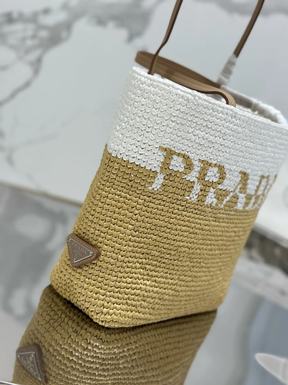 Prada Crochet Small Tote Bag in Beige/White Raffia-effect Yarn product view 8