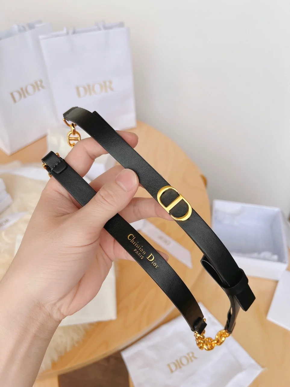 Dior Caro 15MM Belt in Black Calfskin and Chain product view 10