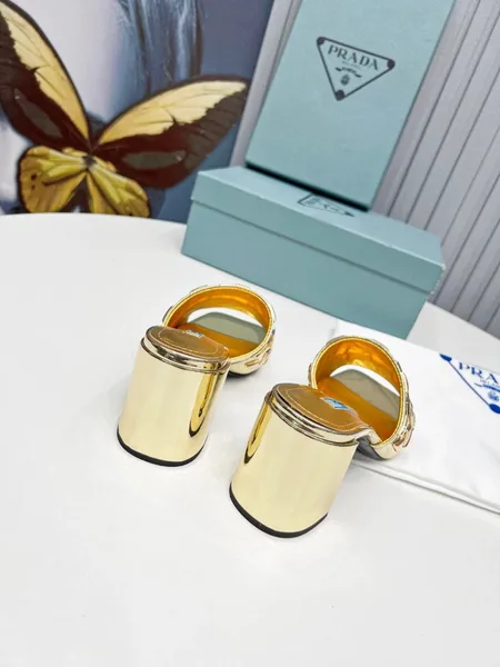 Prada Heeled Slide Sandals 65mm In Gold Metallic Leather product view 7