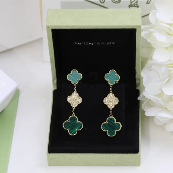 Van Cleef & Arpels Alhambra Green and Pave-Effect Three-Motif Gold-Tone Drop Earrings product view 5