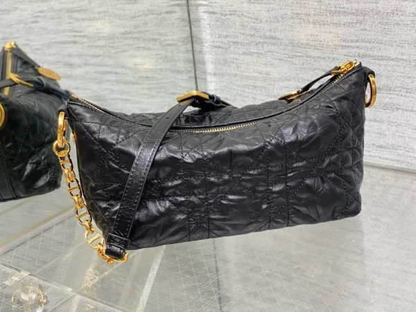 Dior Diorstar Hobo Bag with Chain in Black Crinkled Calfskin product view 8