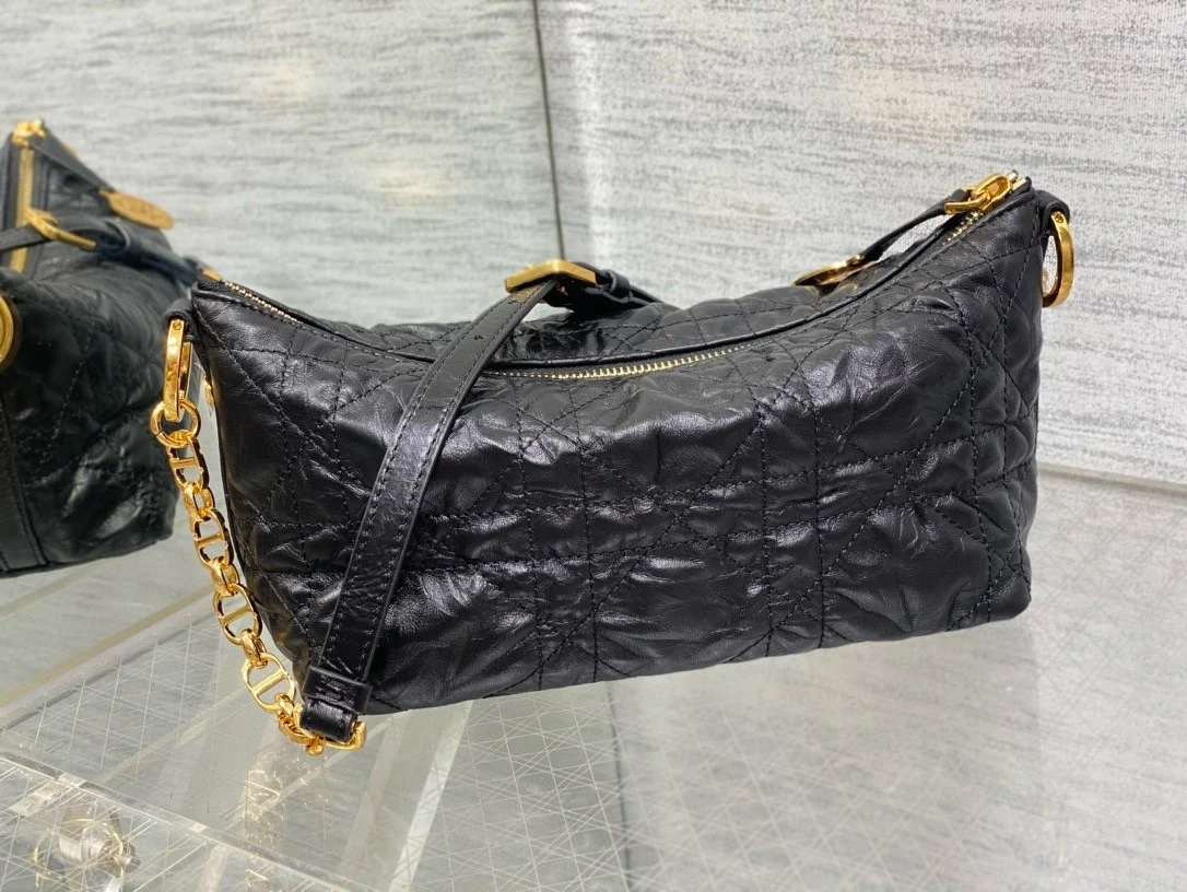 Dior Diorstar Hobo Bag with Chain in Black Crinkled Calfskin product view 8