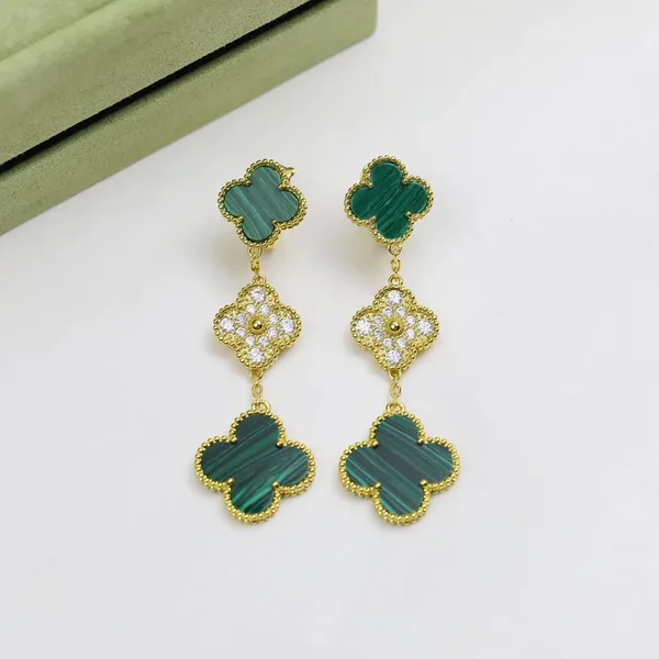 Van Cleef & Arpels Alhambra Green and Pave-Effect Three-Motif Gold-Tone Drop Earrings product view 4