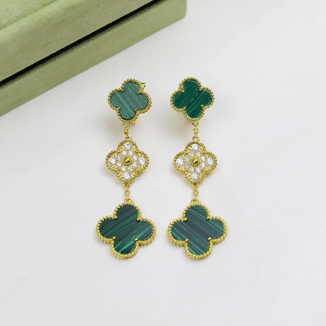 Van Cleef & Arpels Alhambra Green and Pave-Effect Three-Motif Gold-Tone Drop Earrings product view 4