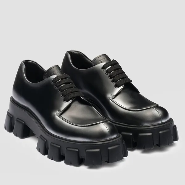 Prada Monolith Lace-up Loafers in Black Brushed Leather product photo