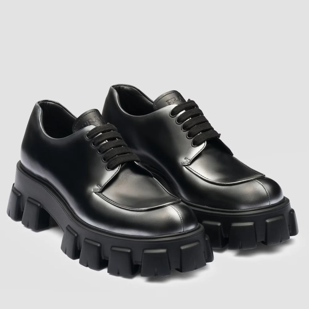 Prada Monolith Lace-up Loafers in Black Brushed Leather product view 1