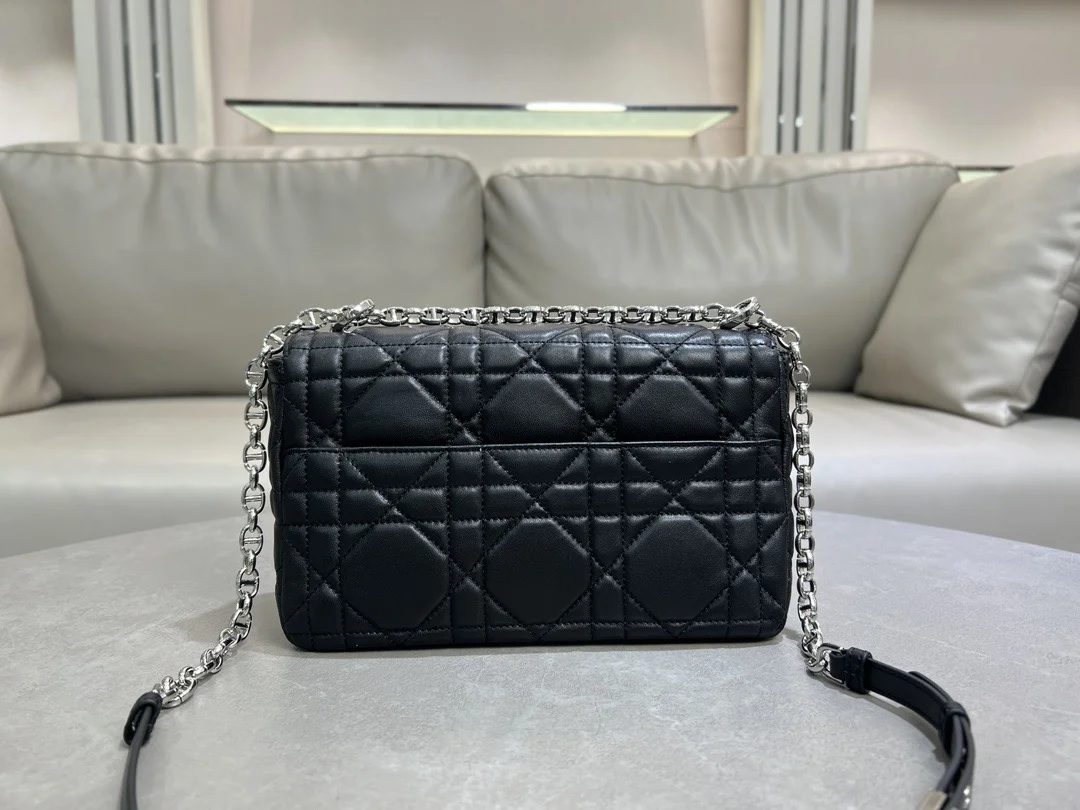 Medium Soft Dior Caro Bag — Black with Silver-Tone Hardware product view 6