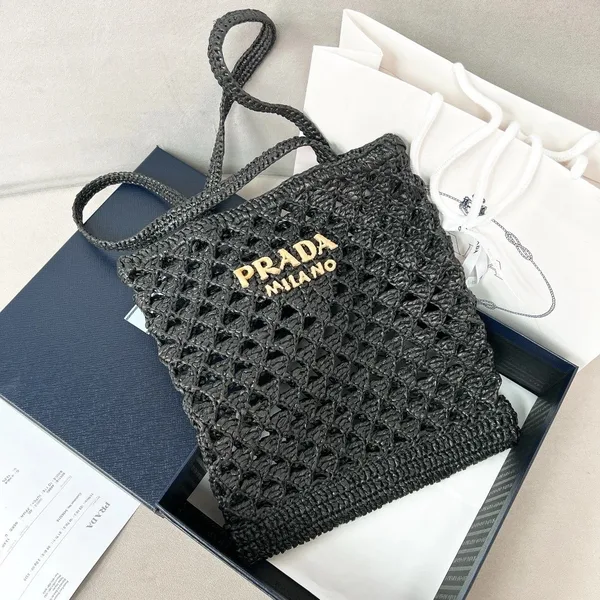 Prada Crochet Tote Bag in Black Raffia-effect Yarn product view 5