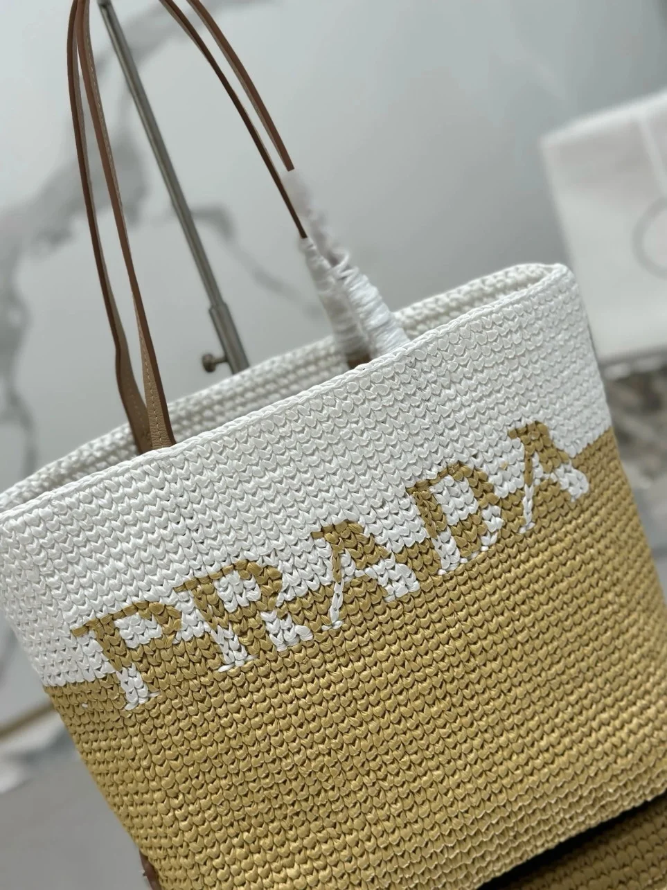 Prada Crochet Small Tote Bag in Beige/White Raffia-effect Yarn product view 10