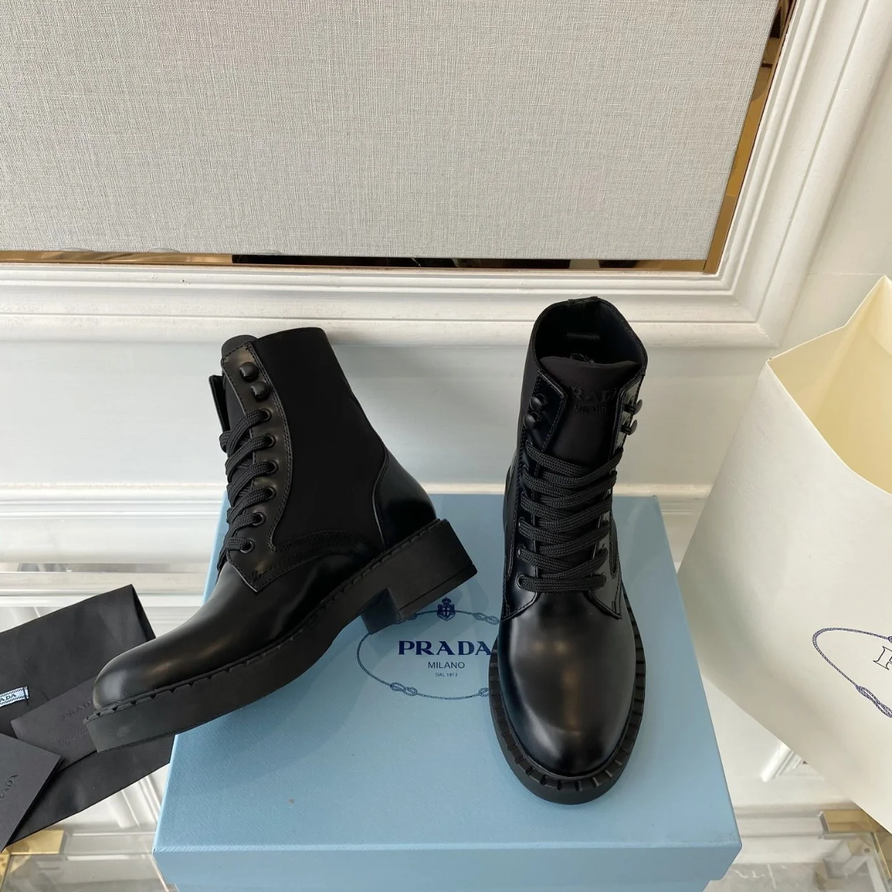 Prada Ankle Boots in Black Brushed Leather and Re-Nylon product view 8