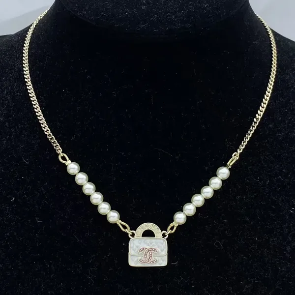 Chanel Mini Handbag Charm Pearl-Effect Necklace White and Gold-Tone product photo