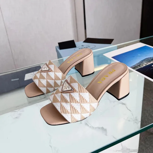 Prada Heeled Slide Sandals 65mm in Beige and White Fabric product view 3