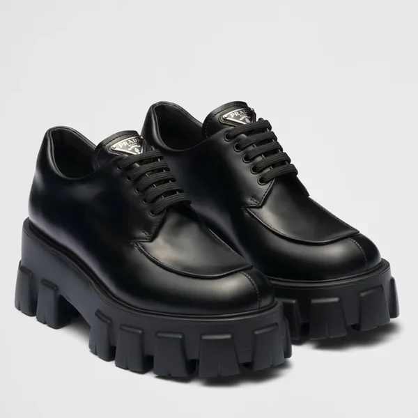 Prada Monolith Lace-up Shoes in Black Brushed Leather product photo