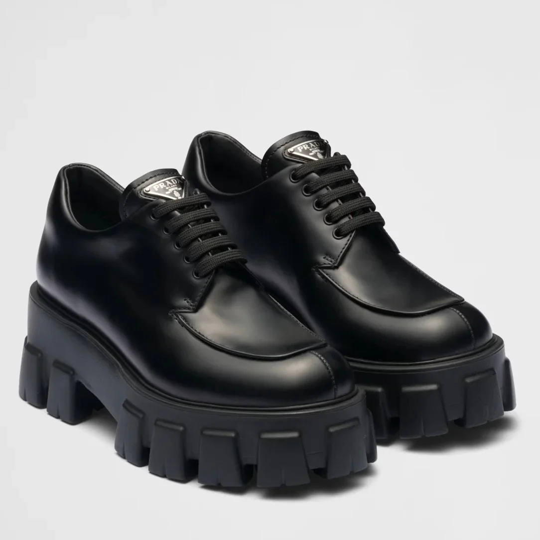 Prada Monolith Lace-up Shoes in Black Brushed Leather product view 1