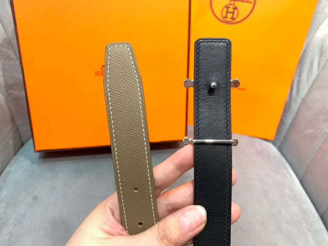 Hermès Taupe/Black Reversible Belt with Silver-Tone Stirrup-Style H Buckle product view 7