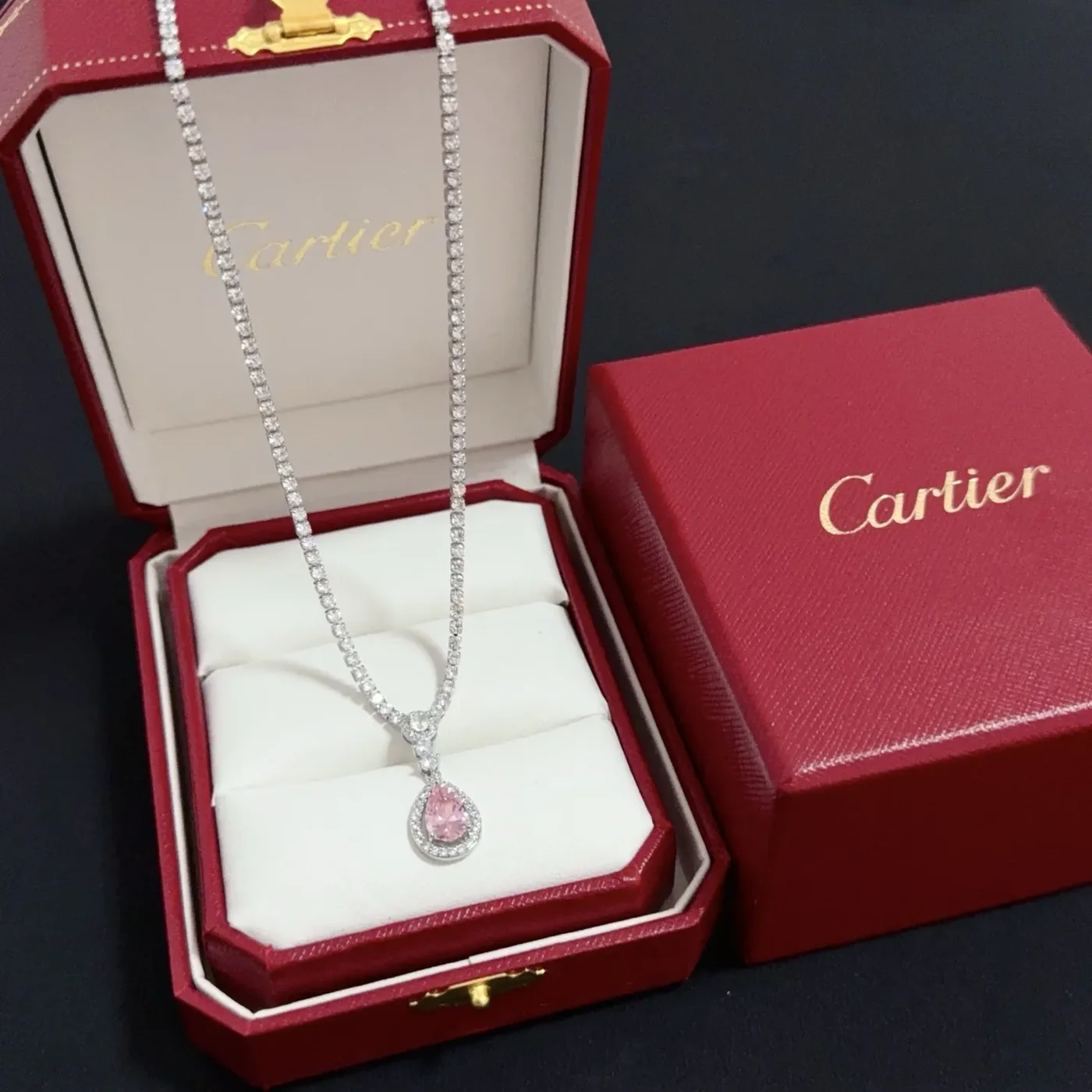 Cartier Pink Pear-Shaped Silver-Tone Halo Pendant Necklace product view 1