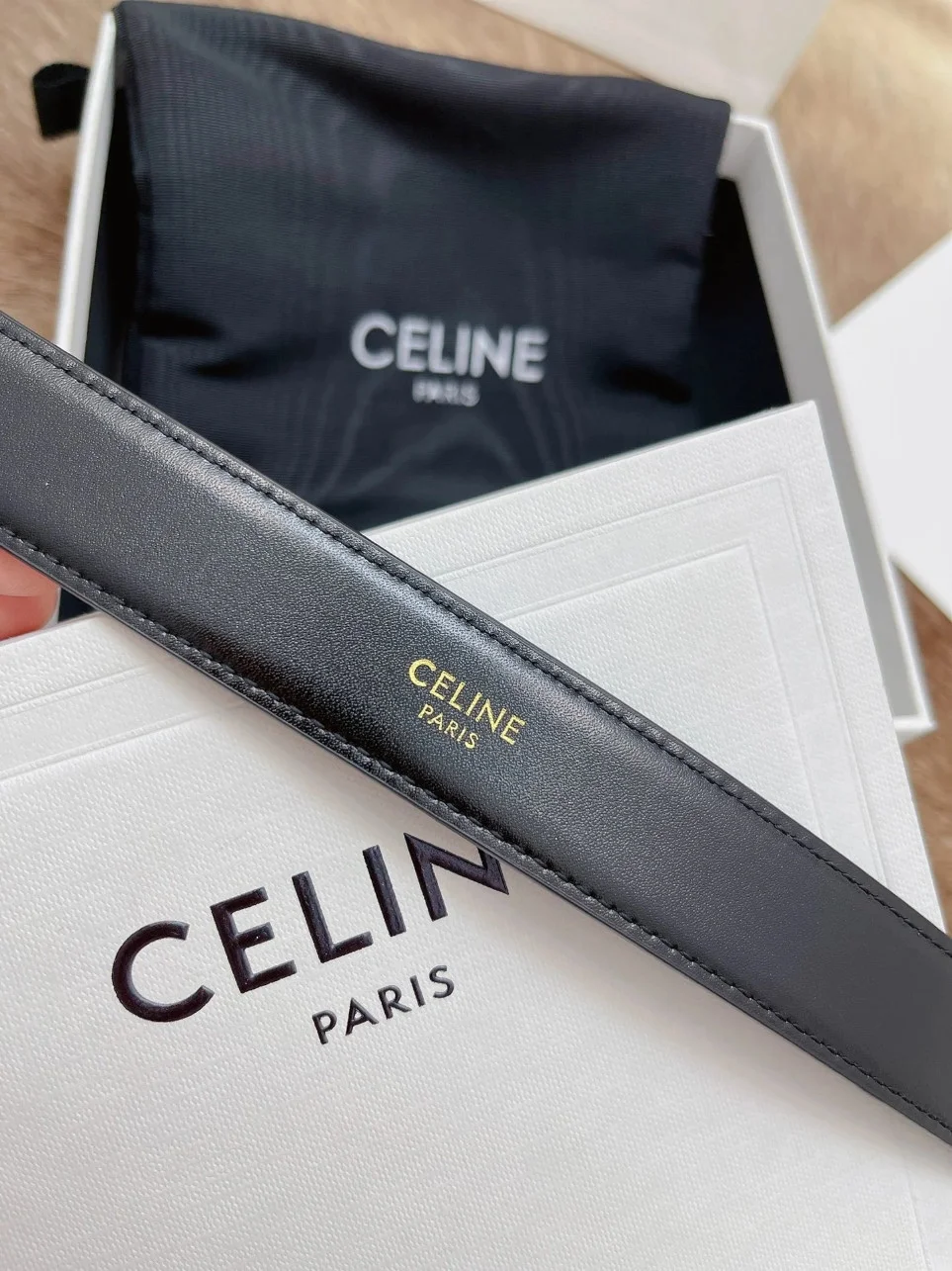 Celine Medium Triomphe Belt 25MM in Black Calfskin product view 3