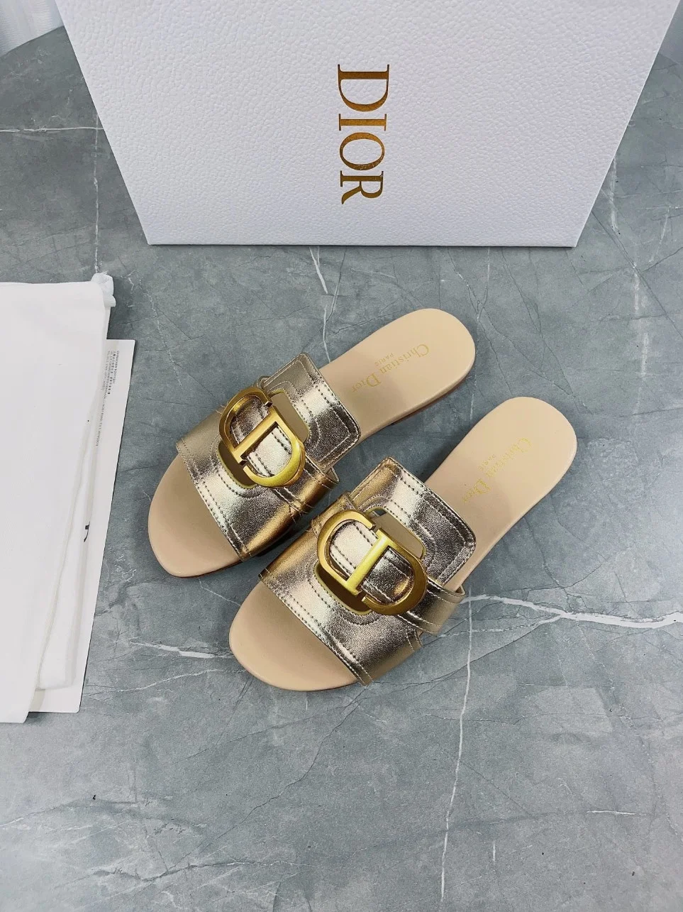 Dior 30 Montaigne Slides In Gold Metallic Calfskin product view 5