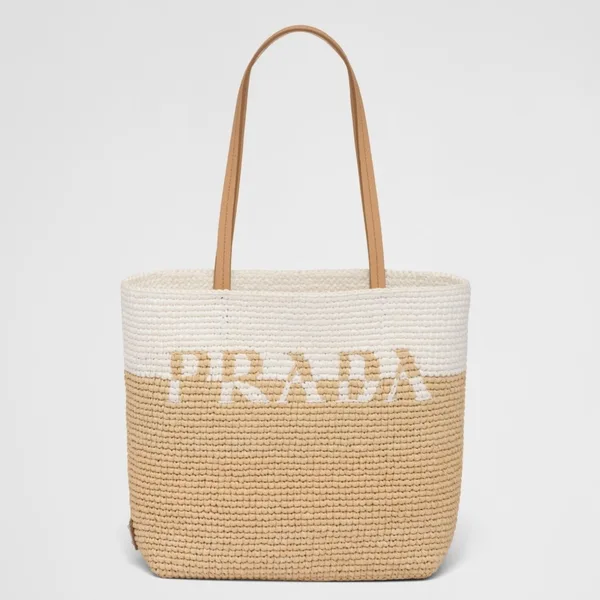 Prada Crochet Small Tote Bag in Beige/White Raffia-effect Yarn product photo