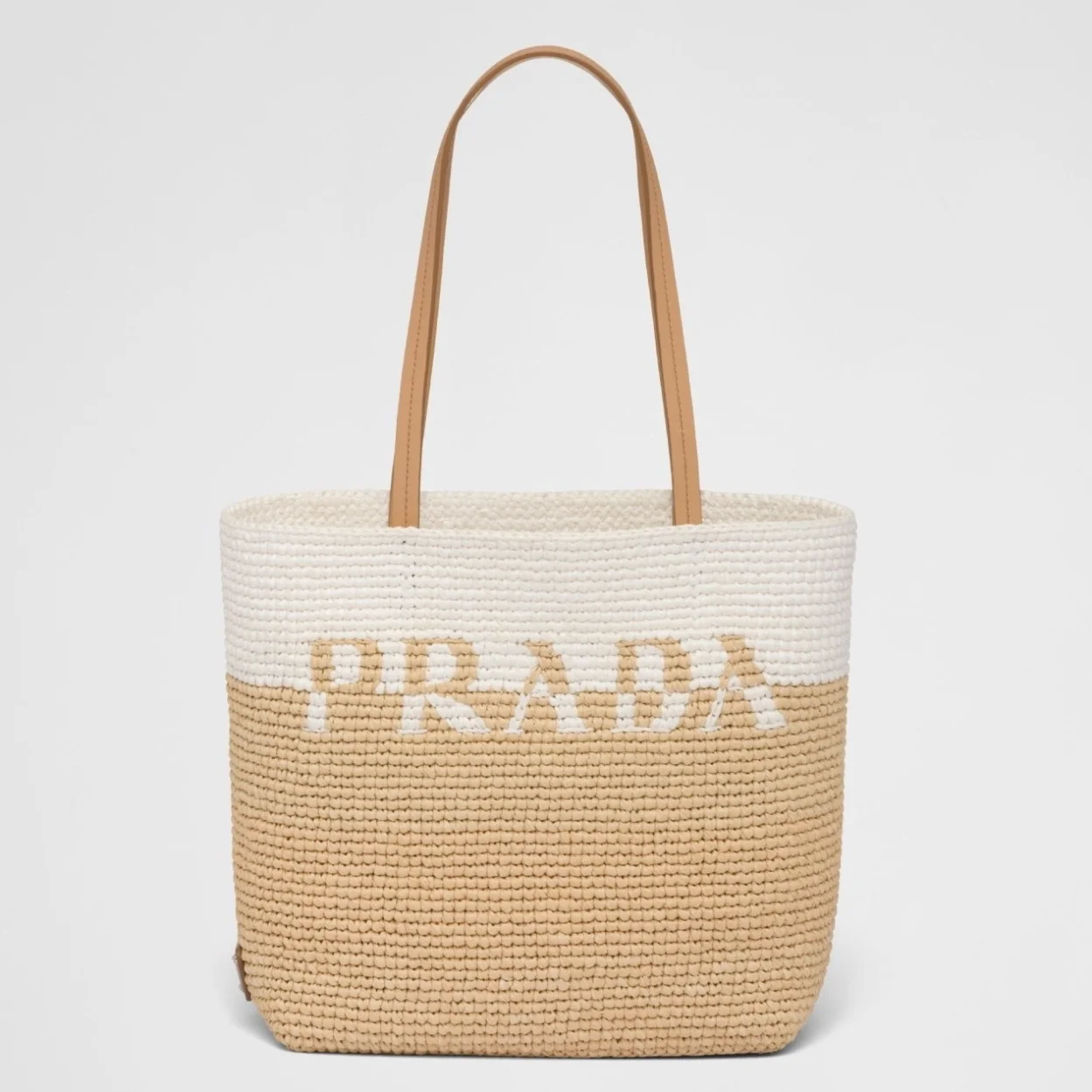 Prada Crochet Small Tote Bag in Beige/White Raffia-effect Yarn product view 1