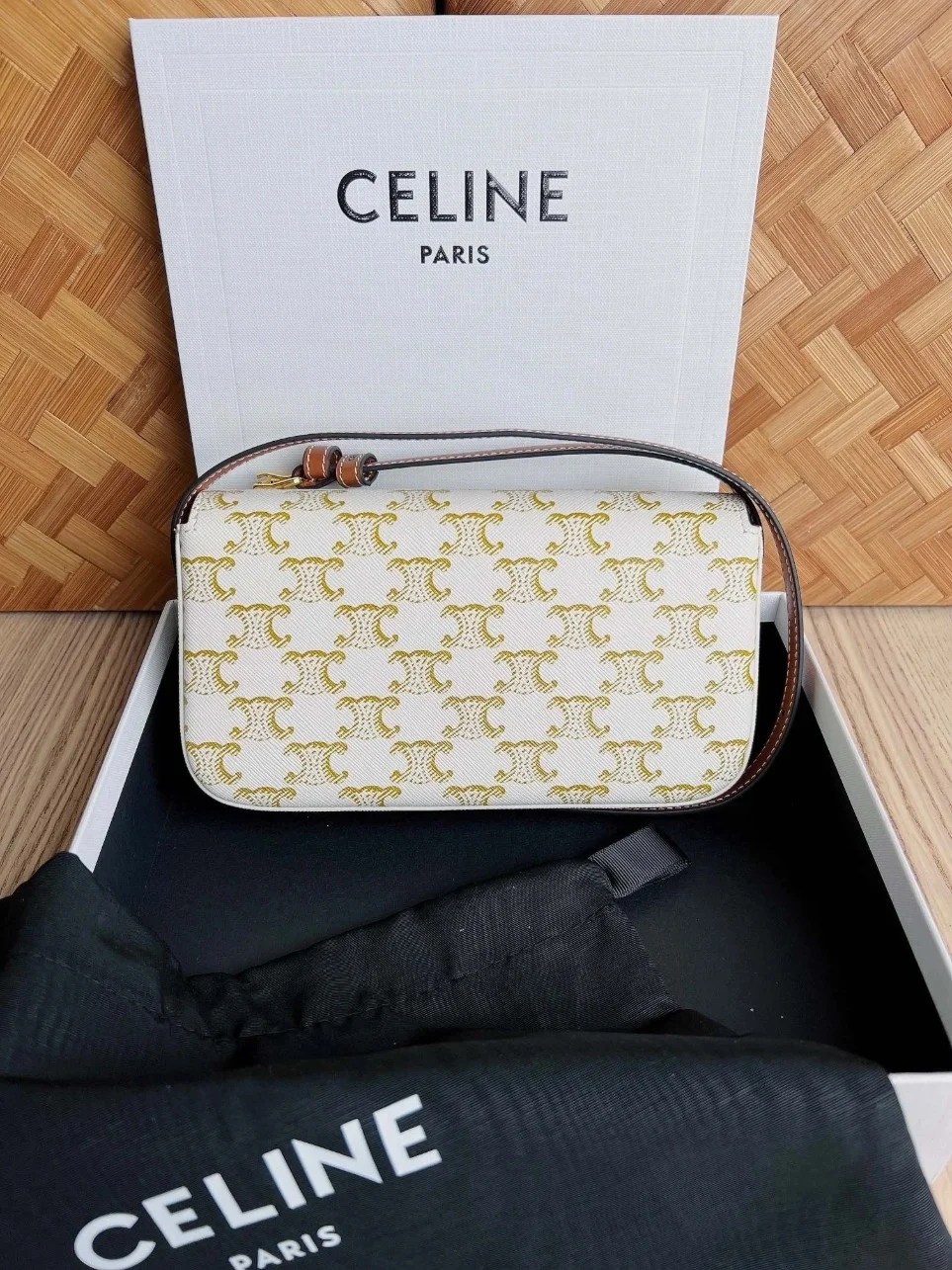 Celine Claude Shoulder Bag in White Triomphe Canvas product view 3