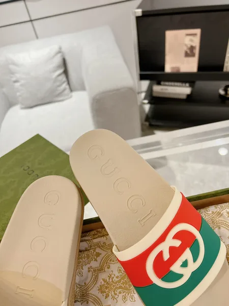 Gucci Slide Sandals, Beige/Red/Green product view 5