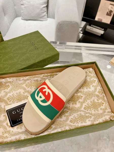 Gucci Slide Sandals, Beige/Red/Green product view 4