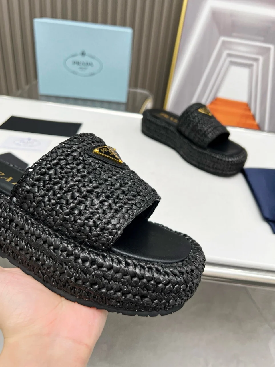 Prada Crochet Flatform Slides in Black Raffia-effect Yarn product view 4