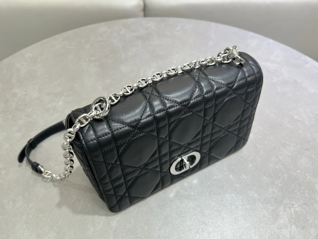 Medium Soft Dior Caro Bag — Black with Silver-Tone Hardware product view 5