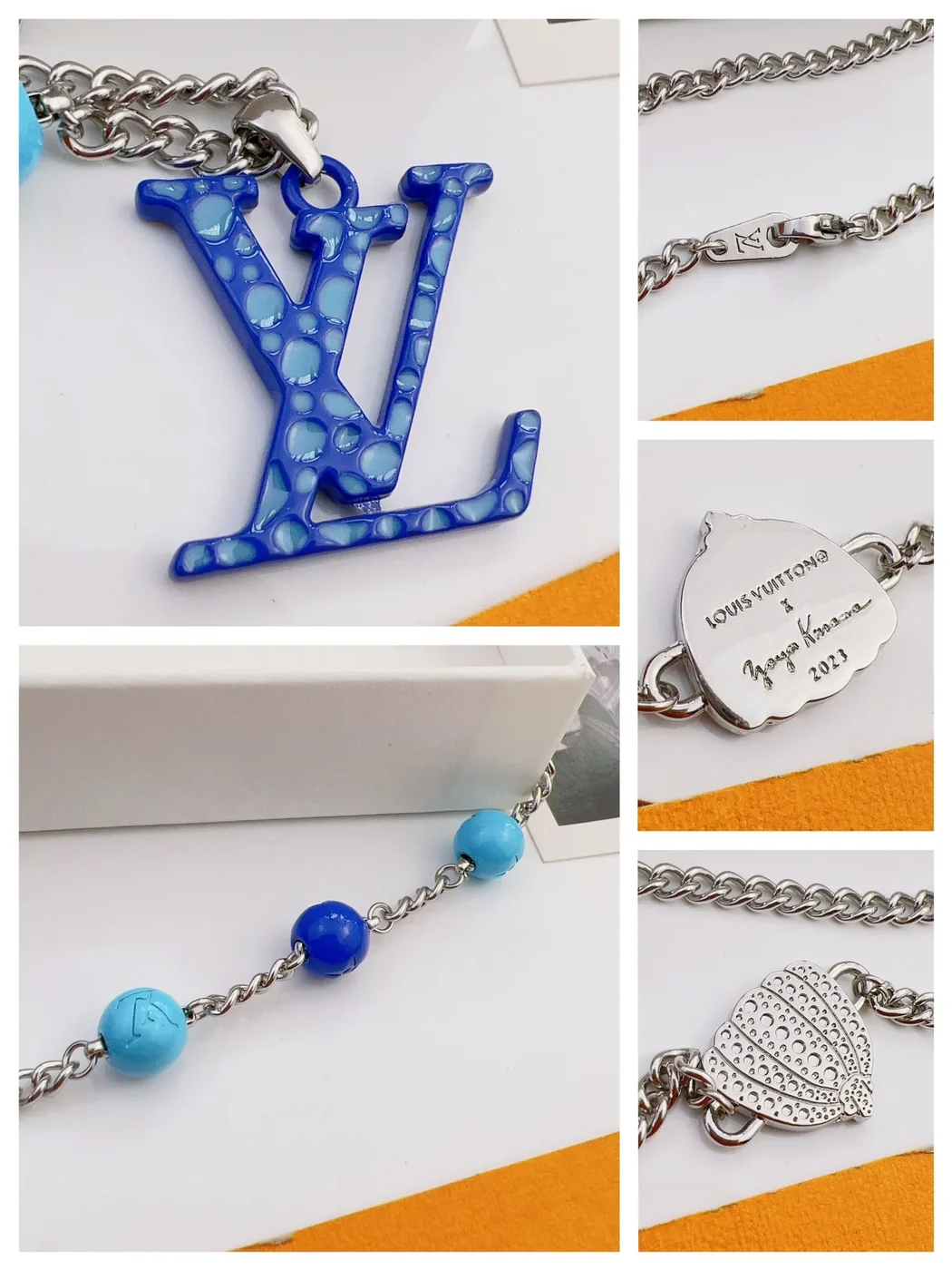 Louis Vuitton Dotted LV Monogram Bead Necklace Silver-Tone with Blue Beads product view 7