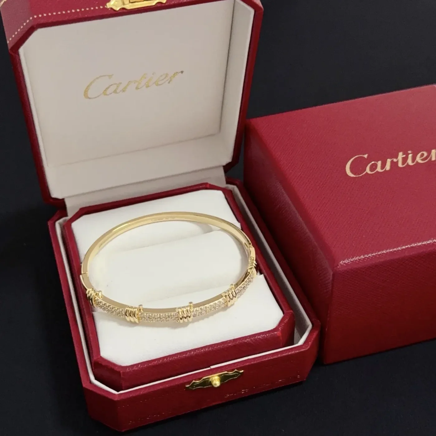Cartier Gold-Tone Textured Bangle with Pave-Effect Details product view 1